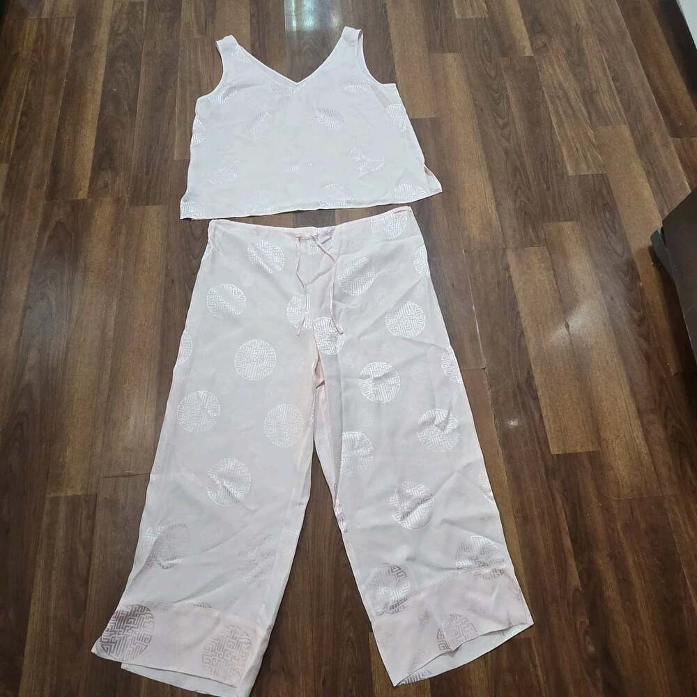 Soma Intimates Pink Pajama Set Sleeveless Jacquard Medallion Wide Leg Pants Silk - Picture 7 of 12